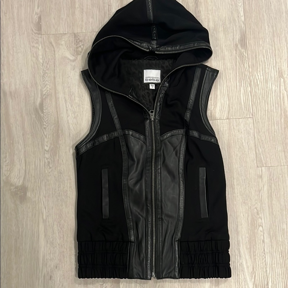 Bebe x Kardashian Black Leather and Knit Zip-Up Vest
